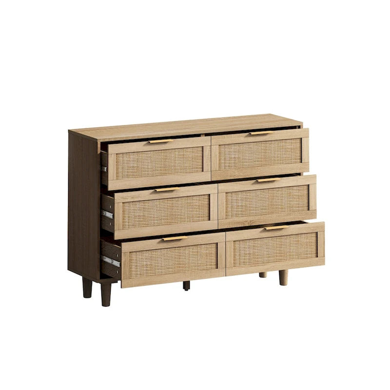 Roomfitters 43.31-Inch 6-Drawer Rattan Storage Cabinet in Natural for Bedroom and Living Room