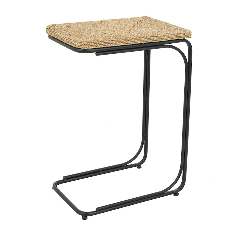 Dried Plant Handmade Coiled C-Shaped Side End Accent Table with Black Metal Legs - Brown - Roche River Decor