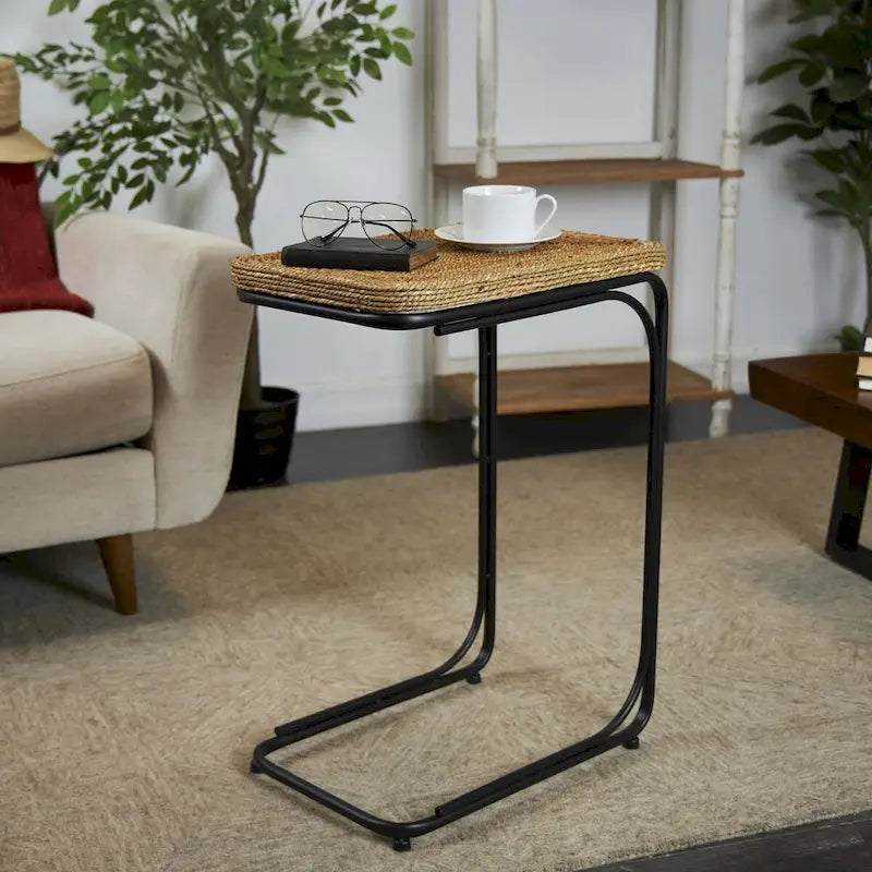 Dried Plant Handmade Coiled C-Shaped Side End Accent Table with Black Metal Legs - Brown - Roche River Decor