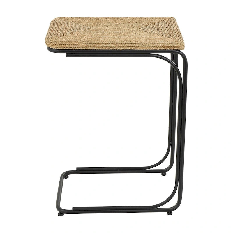 Dried Plant Handmade Coiled C-Shaped Side End Accent Table with Black Metal Legs - Brown - Roche River Decor