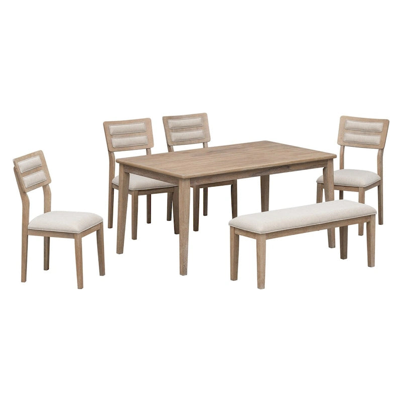 Natural Wood Wash Solid Wood 6-Piece Dining Table Set with Bench