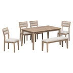 Natural Wood Wash Solid Wood 6-Piece Dining Table Set with Bench