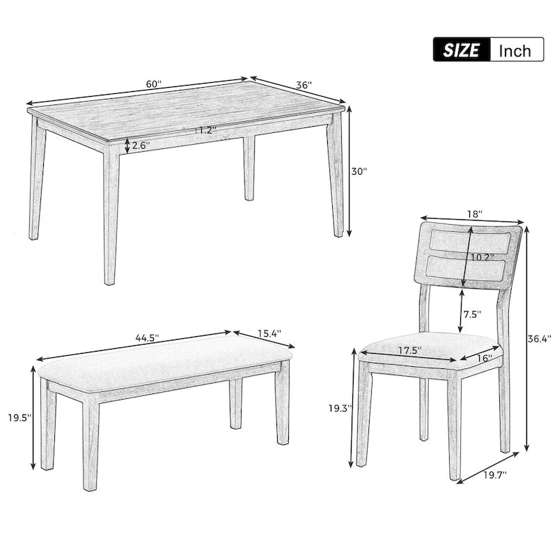 Natural Wood Wash Solid Wood 6-Piece Dining Table Set with Bench