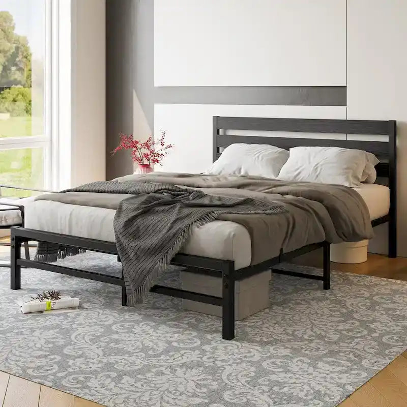 Platform Bed Frame With Wooden Headboard, Under Bed Storage, Non-Slip